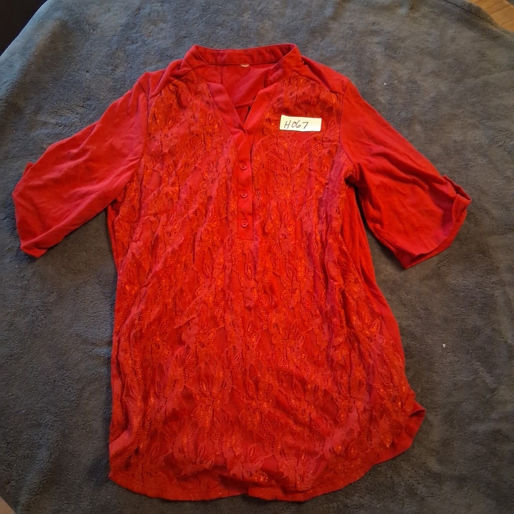 Red Lace Overlay Long Sleeve Tunic Top Womens S Knit Roll Tab Blouse